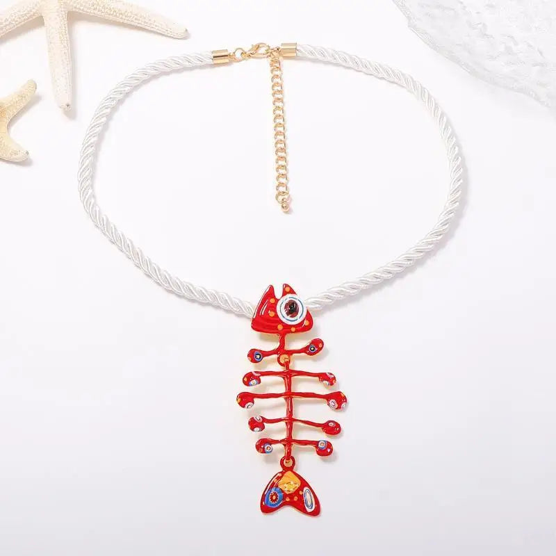 Boho Hand Woven Rope Fish Bone Pendant Necklace | 6 Colors Pendant Necklace Qme