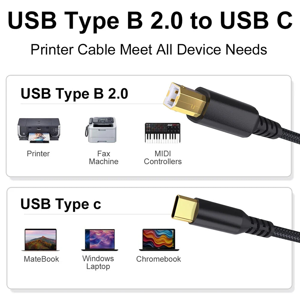USB-C to USB-B Printer Cable – High-Speed Data Transfer Cord USB Printer Cable Qme