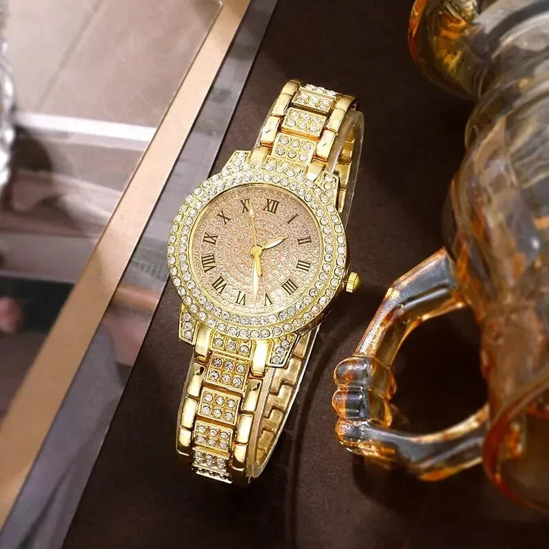 Women's Gold Rhinestone Watch Ring Necklace Earrings Set Jewelry & Watch Set Qme