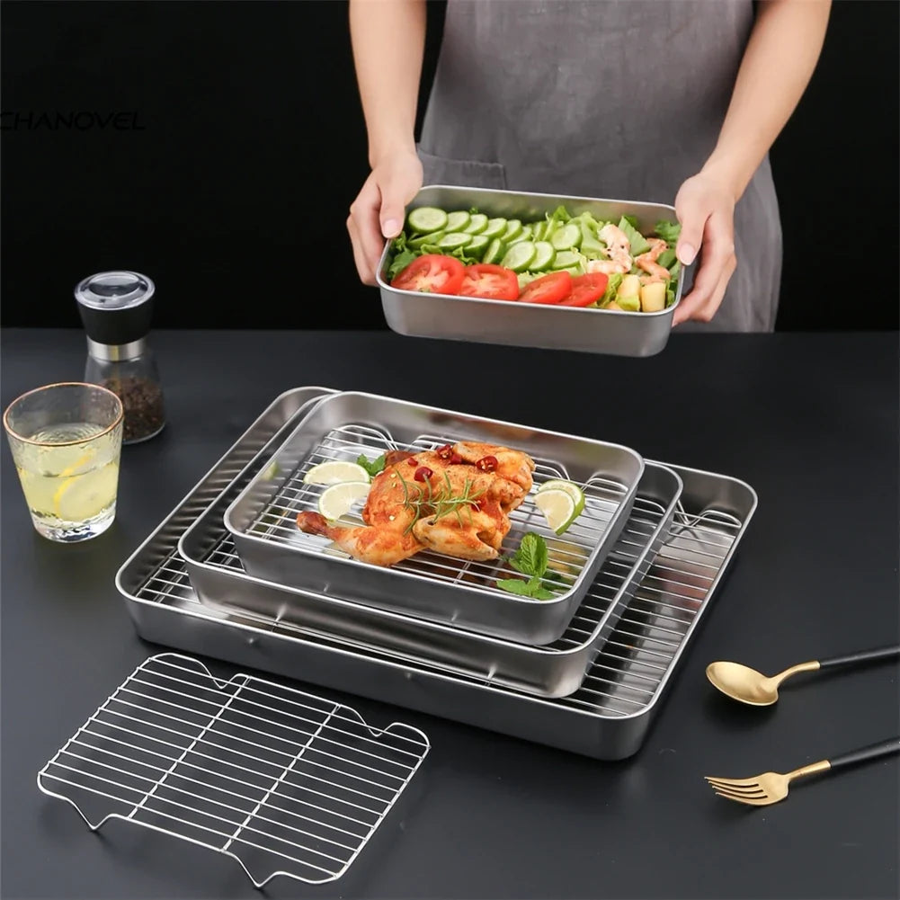 Stainless Steel Baking Pan & Wire Rack Set – Oven, BBQ & Cake Baking Pan & Rack Set Qme