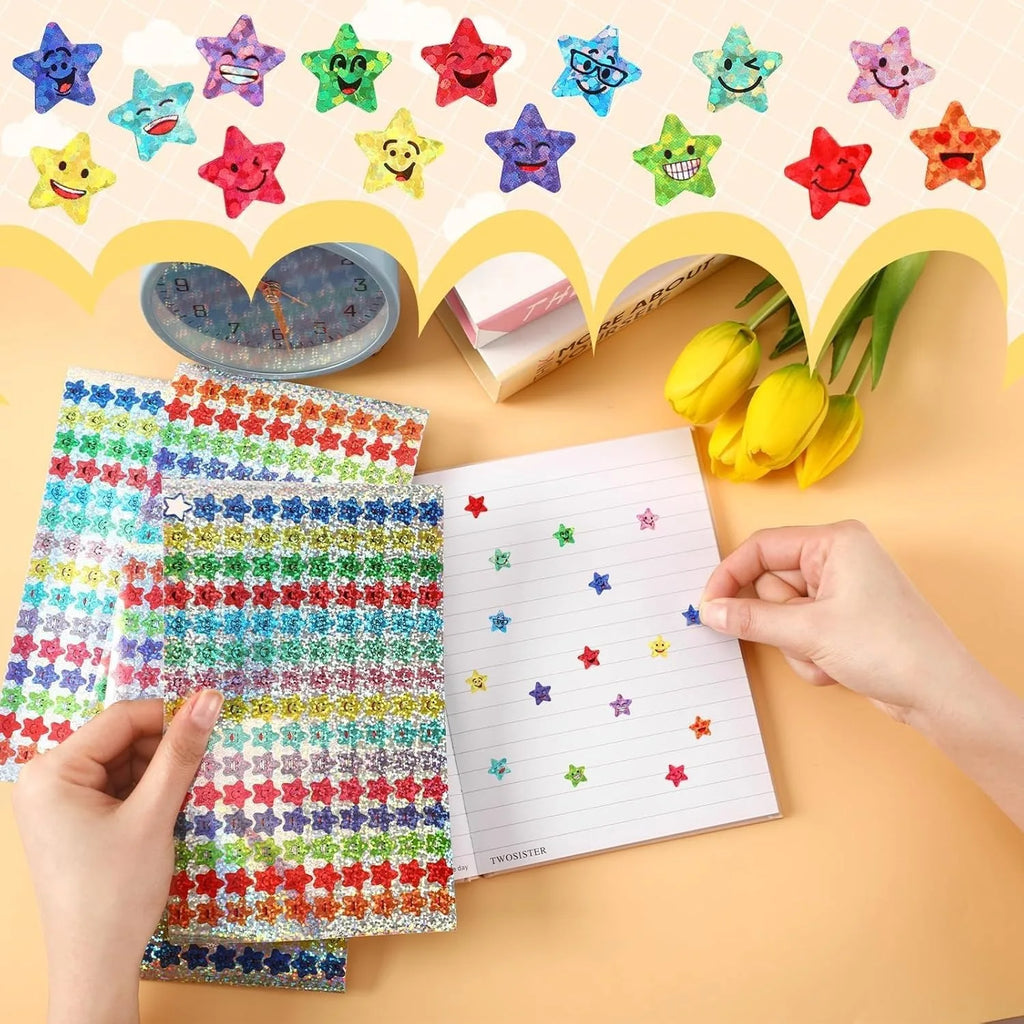 Glitter Foil Star & Happy Face Stickers – 1500 Pcs, 15 Designs Craft Stickers Qme