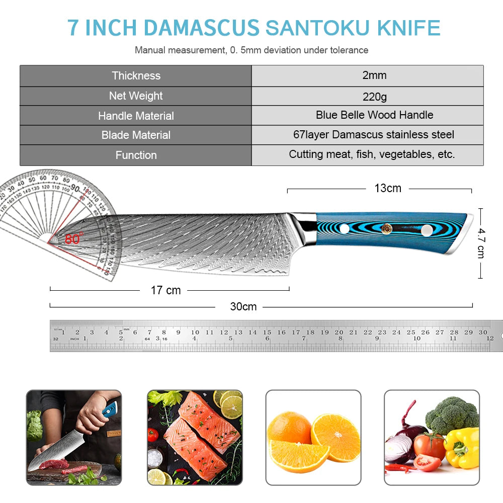 XITUO 7" Damascus Santoku Knife – VG10 Steel & Wood Handle Damascus Santoku Knife Qst