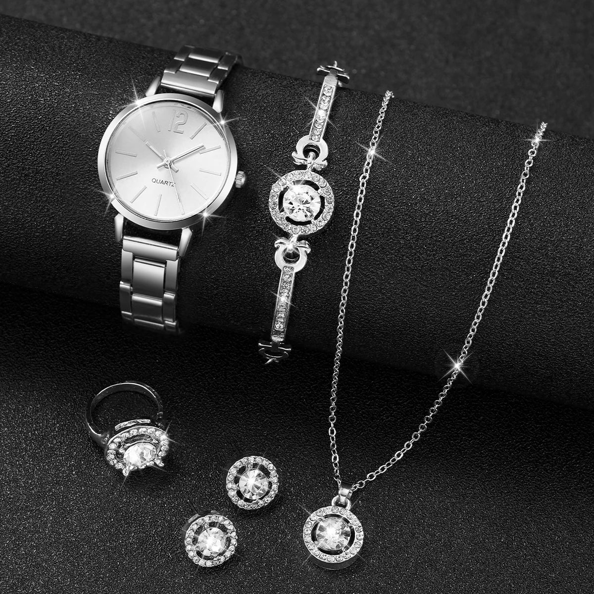 6-Piece Women's Quartz Watch Set – Stainless Steel & Rhinestone Women's Watch Set Qme