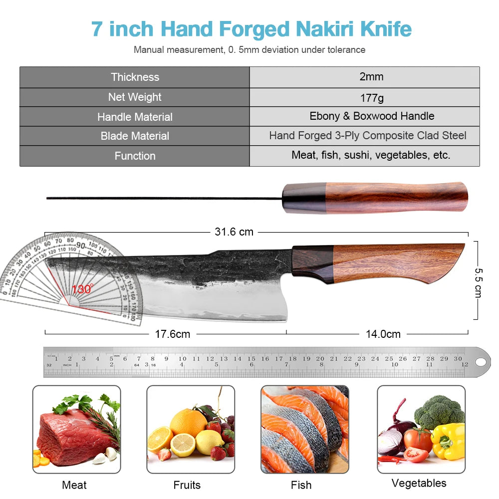 XITUO 7" Japanese Nakiri Knife – Hand Forged Damascus Steel Japanese Kitchen Knife Qst