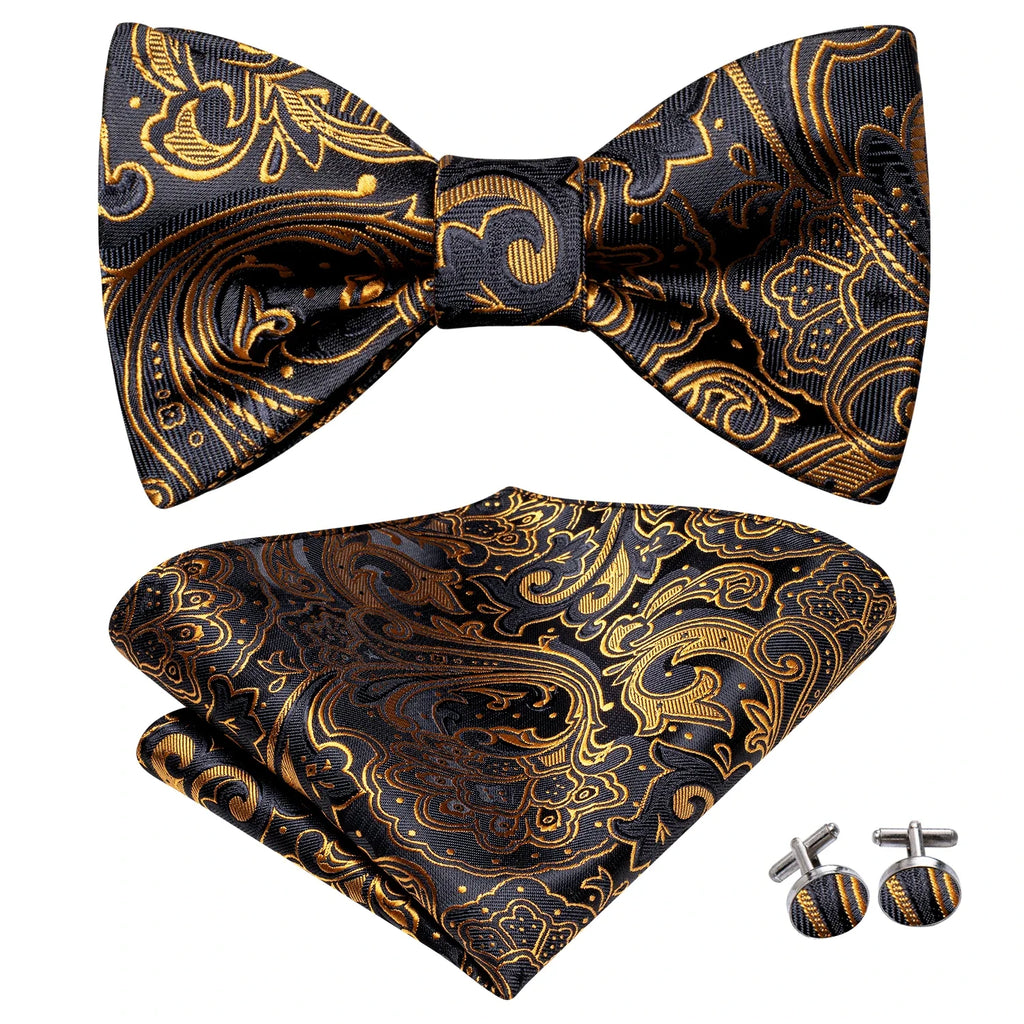 Hi-Tie Men's Paisley Jacquard Bow Tie, Handkerchief & Cufflinks Bow Tie Gift Set Qme