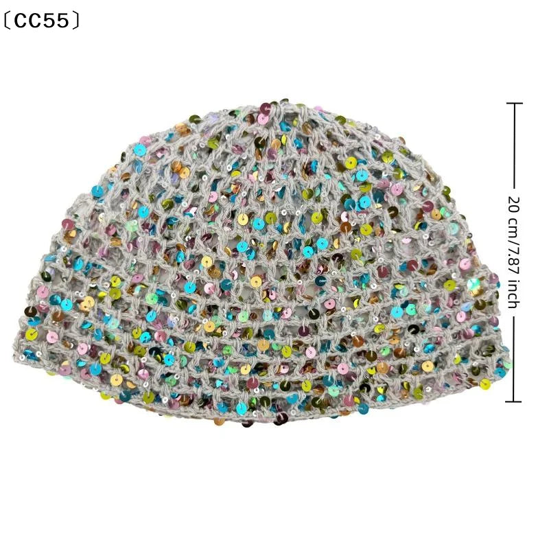 Women's Y2K Sequin Knitted Bucket Hat – Hollow Crochet Style Knitted Bucket Hat Qst