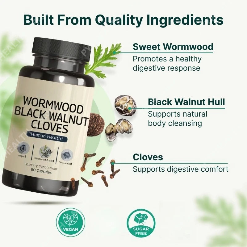 Wormwood Black Walnut Clove Capsules – 60 Vegan Gut Support Herbal Supplement Qst