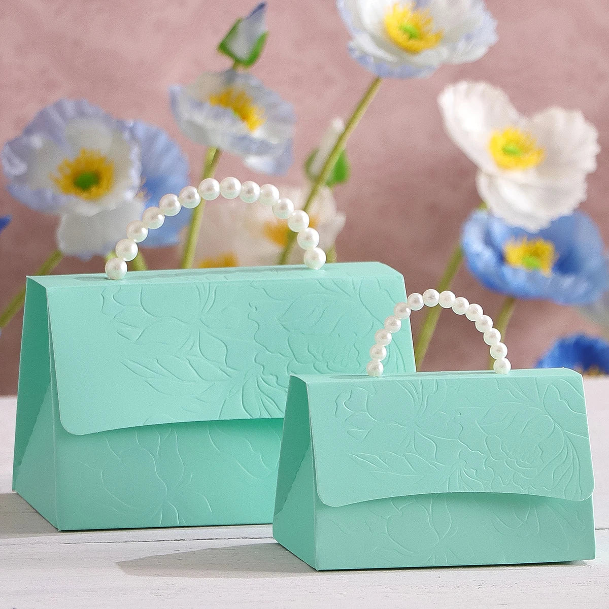 5 Wedding Mini Gift Boxes – Letterpress Floral & Pearl Handles Wedding Gift Boxes Qme L-Light Green-5Pcs Other Other