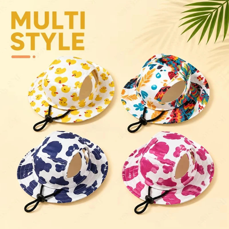 Adjustable Dog & Cat Sun Hat with Ear Holes – Cute Print Cap Pet Hat Qst