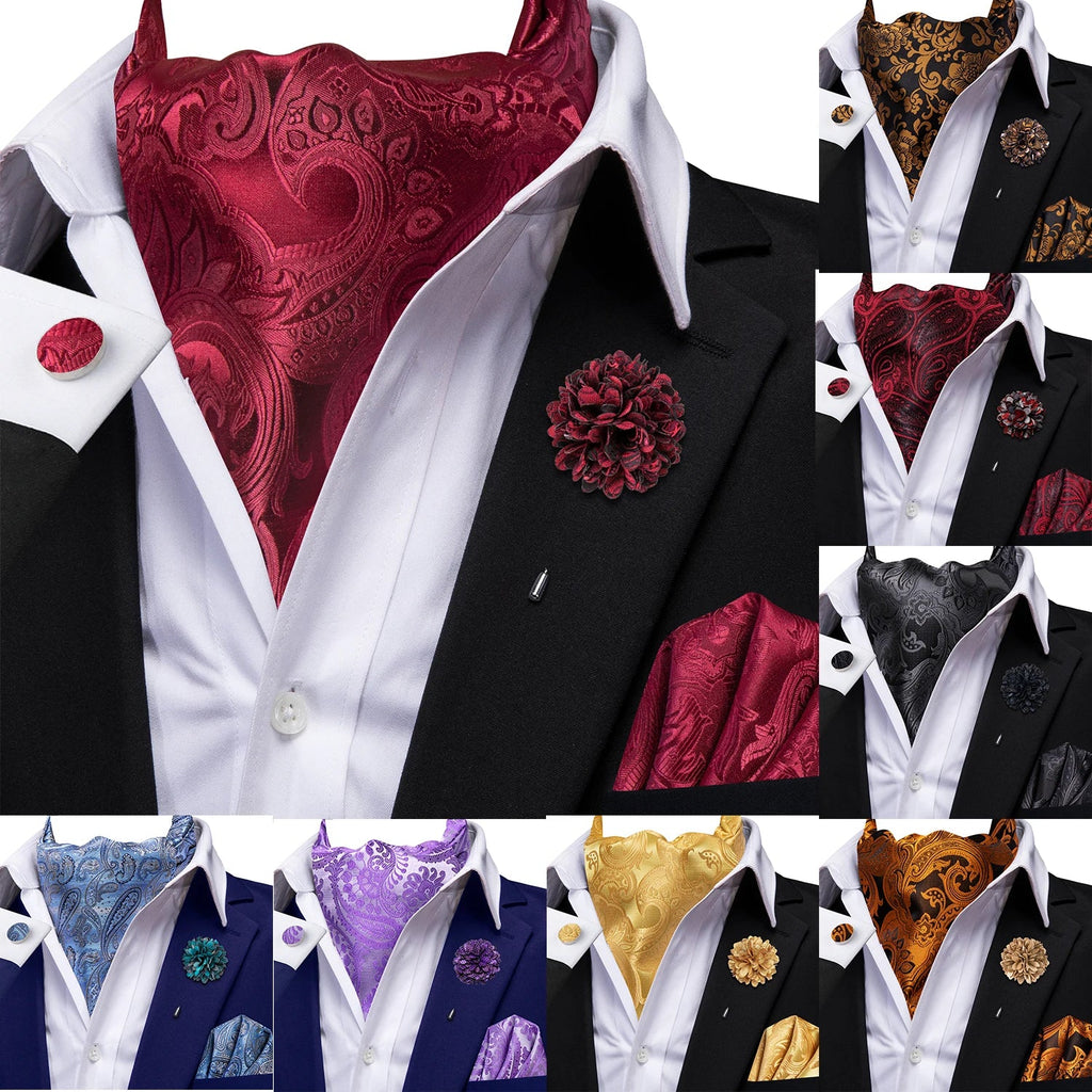 Hi-Tie Men's Paisley Ascot Cravat with Brooch – 8 Colors Ascot Cravat Set Qme