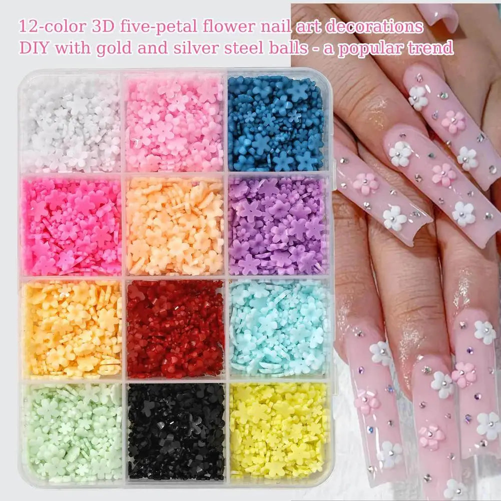 3D Acrylic Flower Nail Charms – Colorful Floral Caviar Beads Nail Art Charms Qme