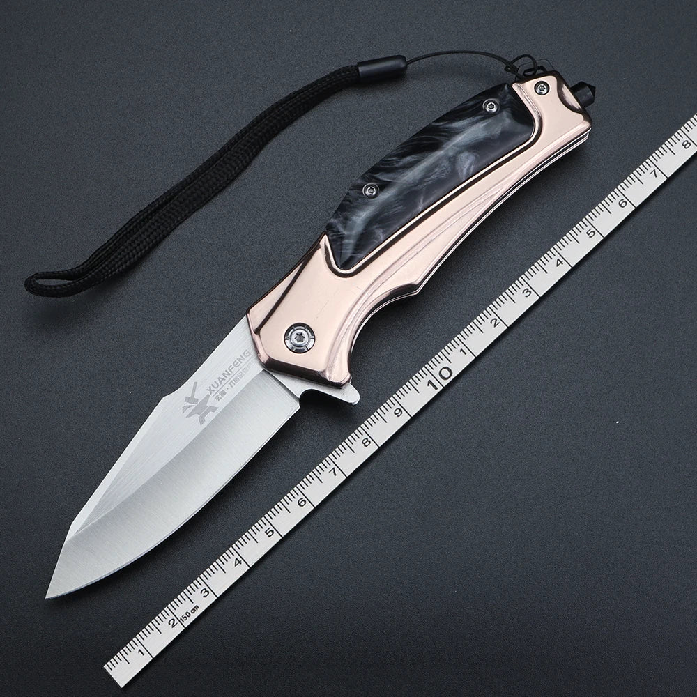 XUAN FENG Golden Folding Knife – D2 Steel Camping Pocket Blade Folding Pocket Knife Qst