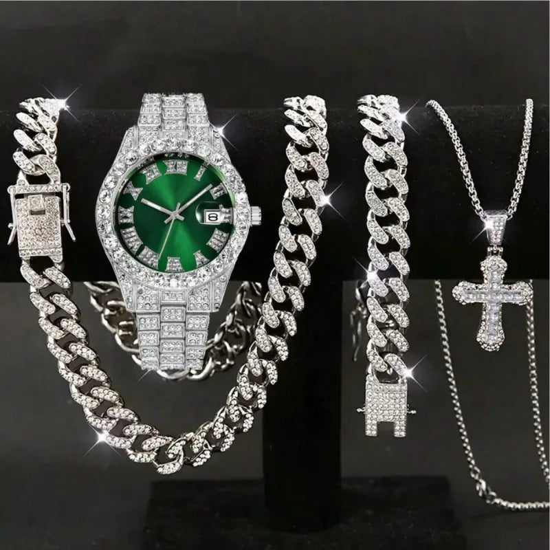 Men's Iced Out Cuban Chain & Diamond Silver Watch Combo Set Watch Jewelry Combo Qme
