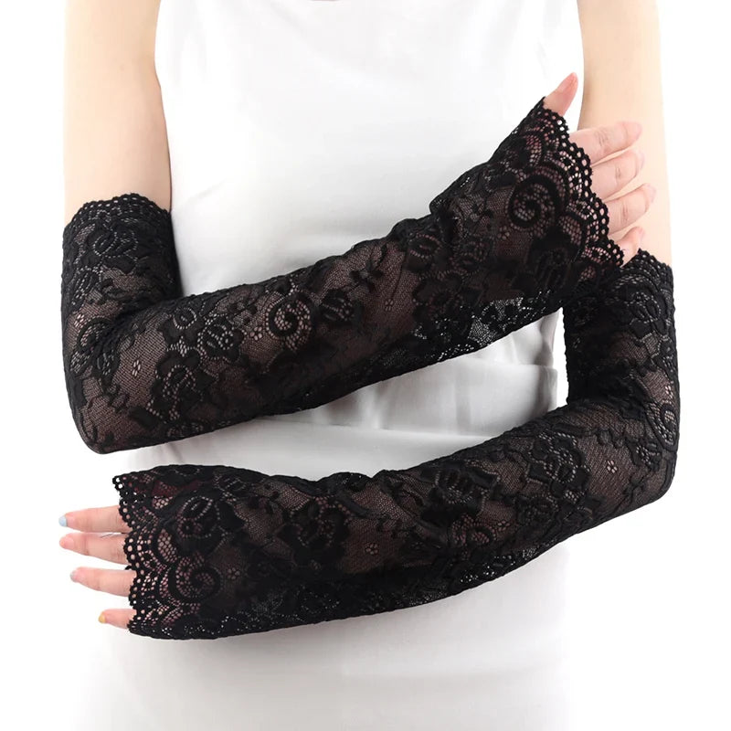 Women's Long Lace Fishnet Mesh Fingerless Gloves 47cm Fingerless Lace Gloves Qme