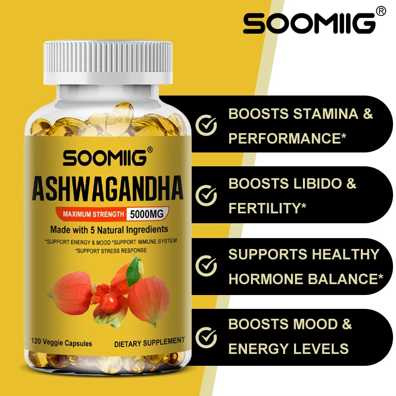 Ashwagandha 5000mg Vegetarian Capsules – Black Pepper Extract Herbal Supplement Qst