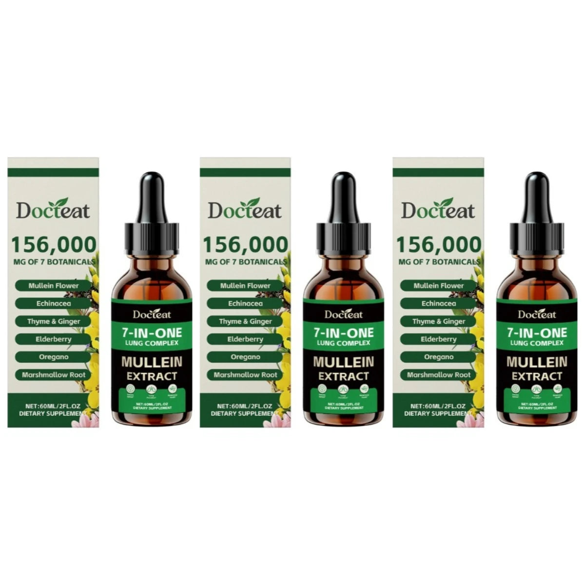 Docteat 7-in-1 Lung Complex Drops – Mullein & Elderberry 60ml Herbal Liquid Supplement Qst 180 ml(Pack of 3)