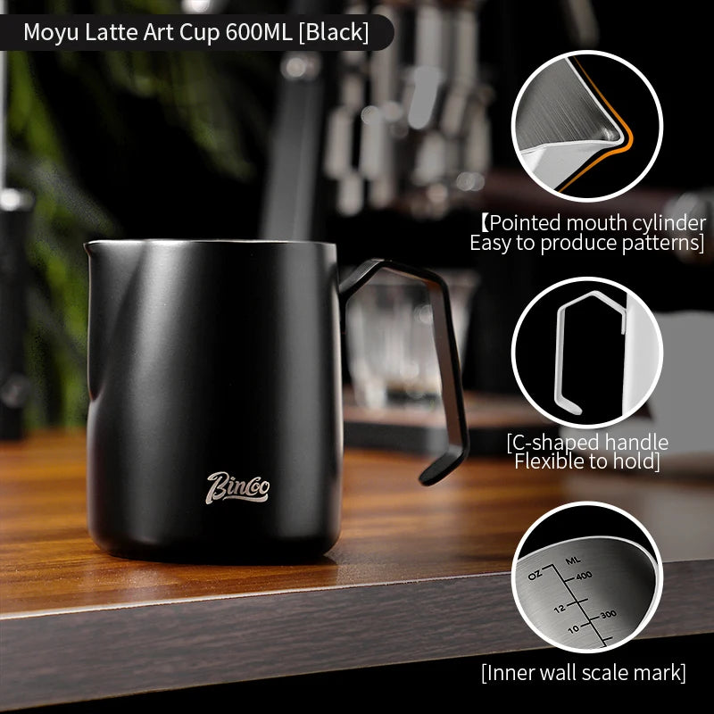 Bincoo Milk Frothing Pitcher Sharp Spout 400ml/600ml Stainless Steel Milk Frothing Pitcher Qst Black 600ml