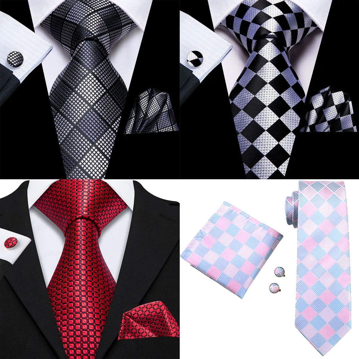 Hi-Tie Plaid Geometric Necktie, Pocket Square & Cufflinks Set Necktie & Cufflinks Set Qme