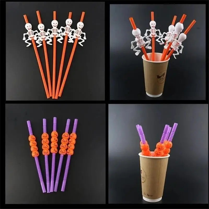 Halloween Skull & Pumpkin Cartoon Drinking Straws – 5 Pack Halloween Party Straws Qme