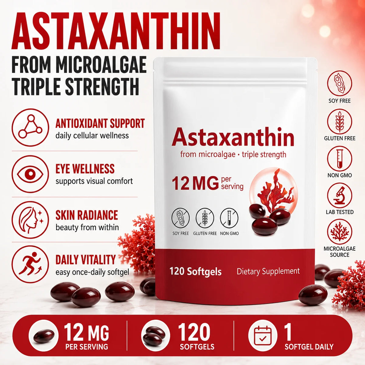 Astaxanthin 12mg Softgels – Microalgae Antioxidant, 120ct Antioxidant Supplement Qst