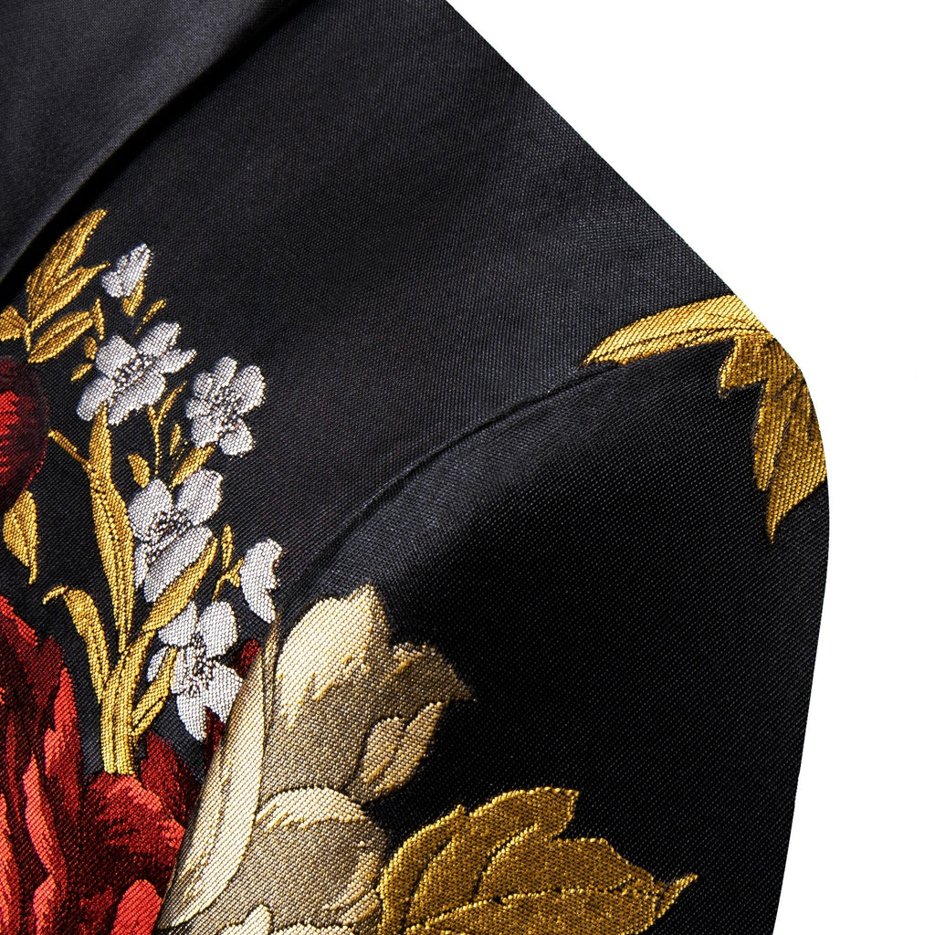Men's Floral Jacquard Shawl Lapel Blazer – Black Gold Red Floral Jacquard Blazer Qme