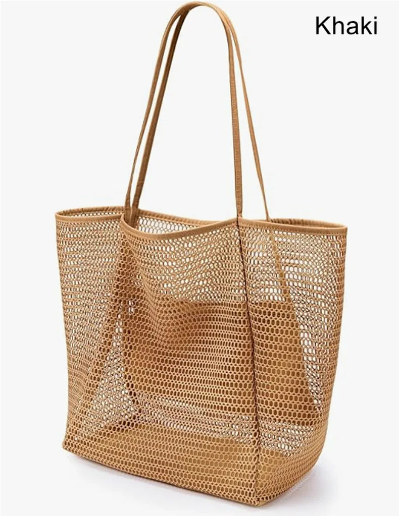Expandable Mesh Beach Bag – Foldable Crossbody Tote for Women Mesh Beach Tote Qme Khaki