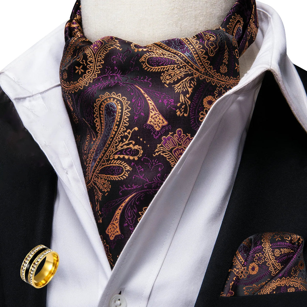 Men's Ascot Tie Cravat Set with Pocket Square & Ring Ascot Cravat Set Qme AS-1016-JZ0020