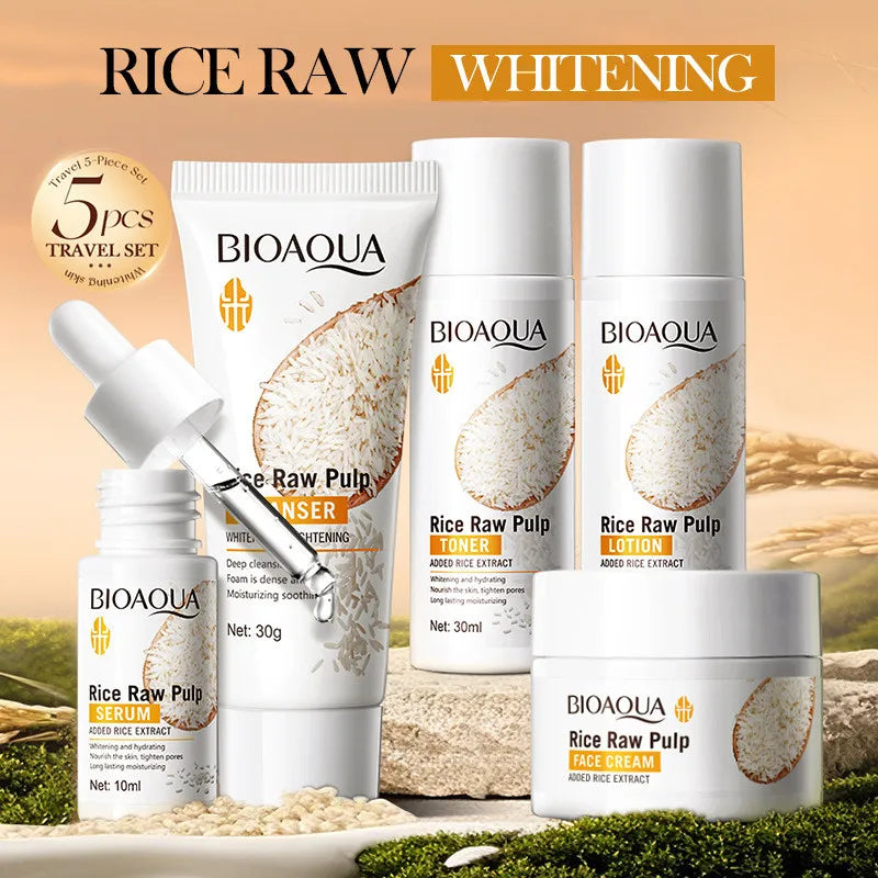 BIOAOUA Rice Raw Brightening Hydrating Skincare Set – 5pcs Skincare Gift Set Qme