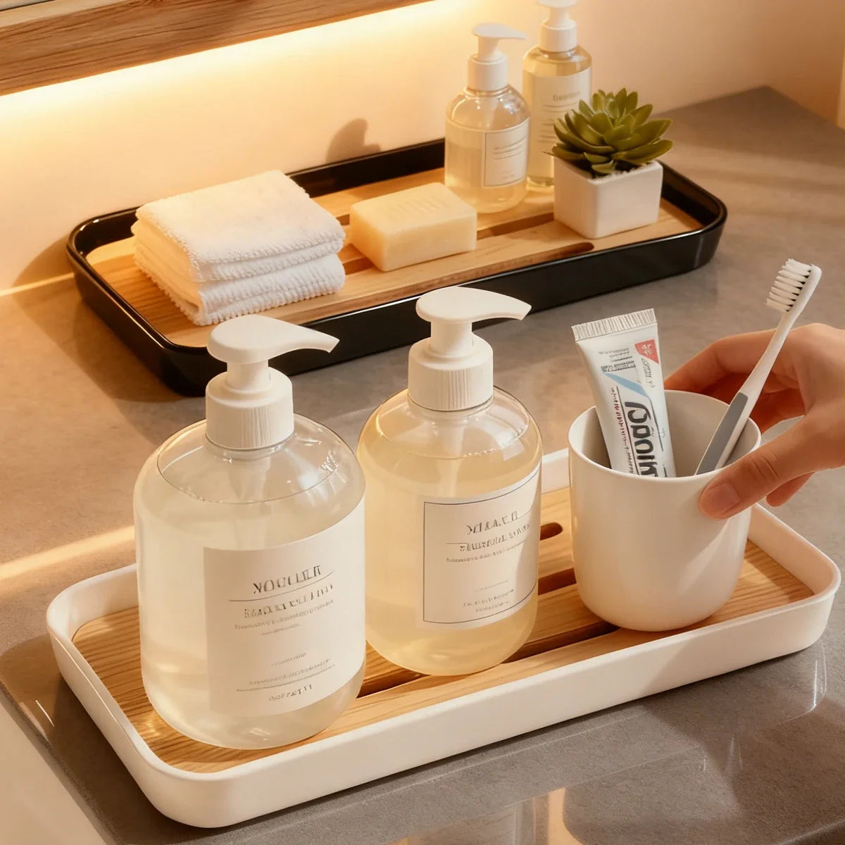 Bamboo Soap Dish & Bottles Holder Tray | Countertop Organizer Bathroom Organizer Tray Qme
