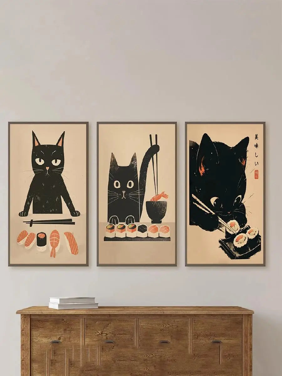 Retro Japanese Sushi Cat Canvas Wall Art – Kitchen & Bar Decor Canvas Wall Art Qst