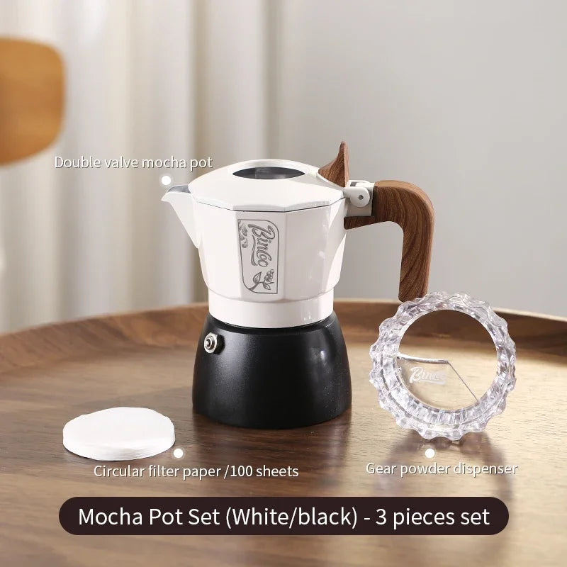 Bincoo 6-Color Moka Pot 2-Valve Espresso Starter Kit Stovetop Espresso Maker Qst White Black 3pcs