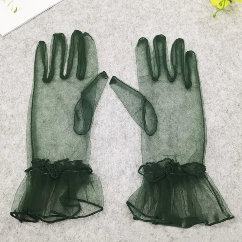 Women's Black Lace Gloves – Sheer Tulle Wedding & Bridal Lace Fashion Gloves Qme Black Green One Size