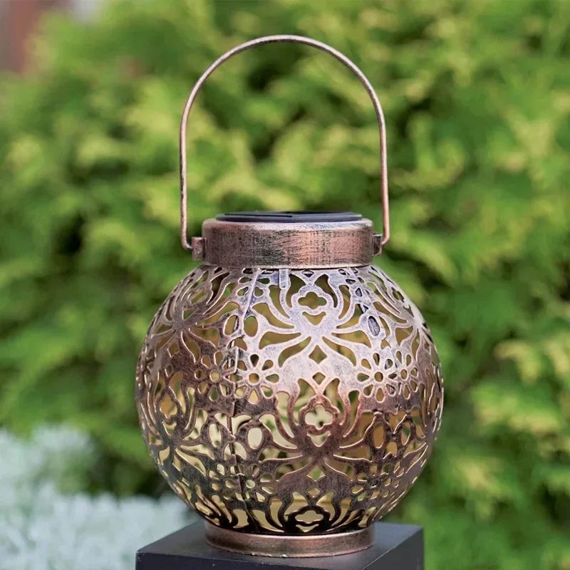 Solar LED Hanging Lantern – Hollow Wrought Iron Outdoor Light Solar Outdoor Lantern Qme
