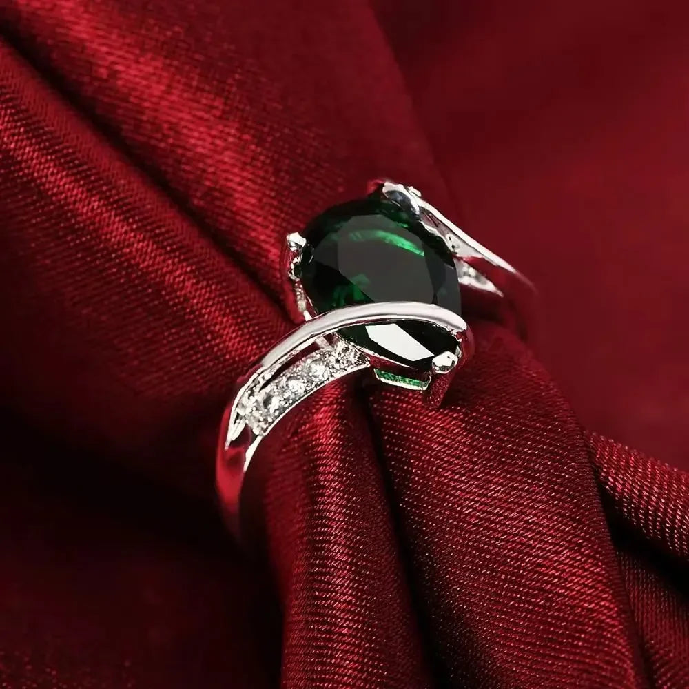 925 Sterling Silver Green Crystal Water Drop Charm Ring Crystal Charm Ring Qme