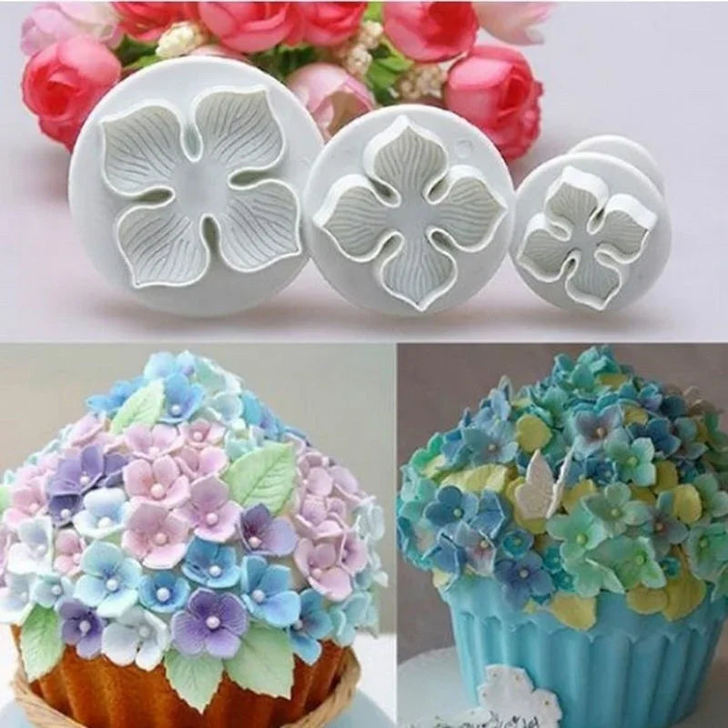 Silicone Hydrangea Fondant Plunger Cutter – 3-Piece Flower Mold Fondant Plunger Cutter Qme