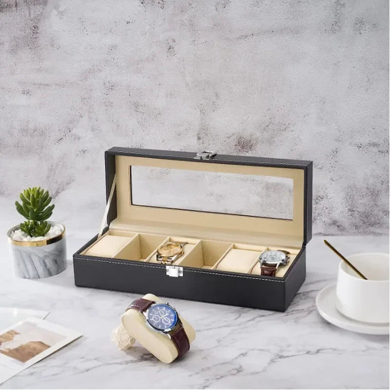 6-Slot Lockable PU Leather Watch Box | Jewelry Organizer Watch Storage Box Qme