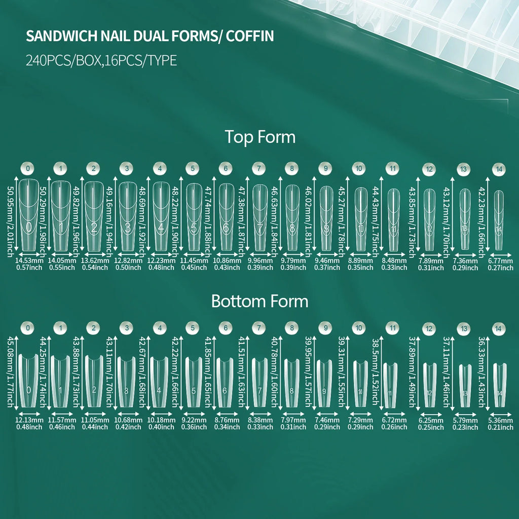 Nailpop Clear Square Dual Forms 240pcs – 15 French Nail Styles Nail Extension Forms Qme SANDWICH COFFIN