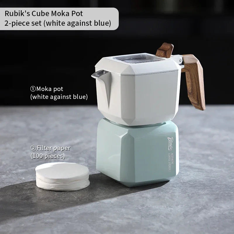 Bincoo Dual Valve Square Moka Pot – Aluminum Coffee Maker Stovetop Moka Pot Qst White Blue 2pcs