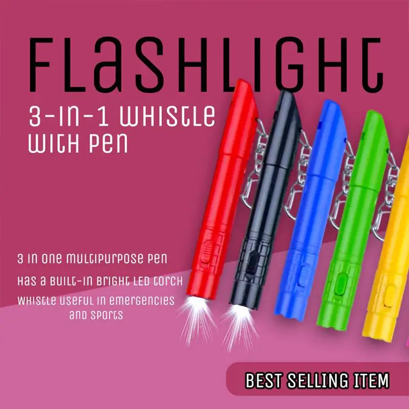 3-in-1 Ball Pen LED Flashlight & Whistle Keychain Tool Multi-Tool Keychain Qme
