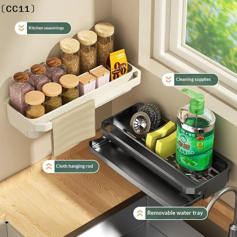 No-Drill Sink Caddy Sponge Rack & Dish Soap Towel Bar Sink Caddy Organizer Qme
