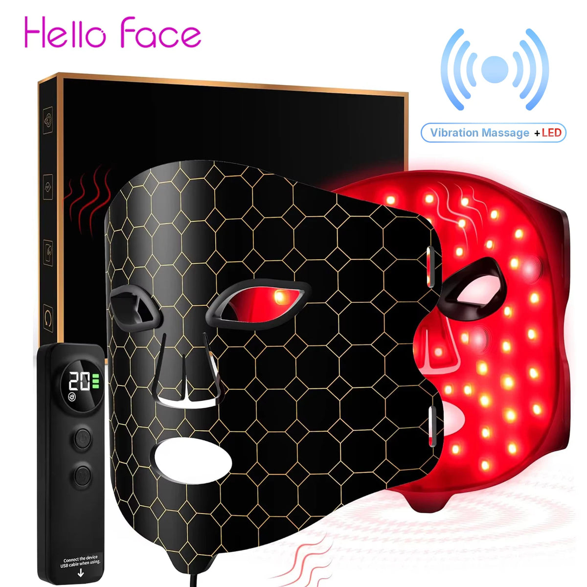 Hello Face L300 LED Light Therapy Mask – 4 Modes, Vibration LED Therapy Face Mask Qst