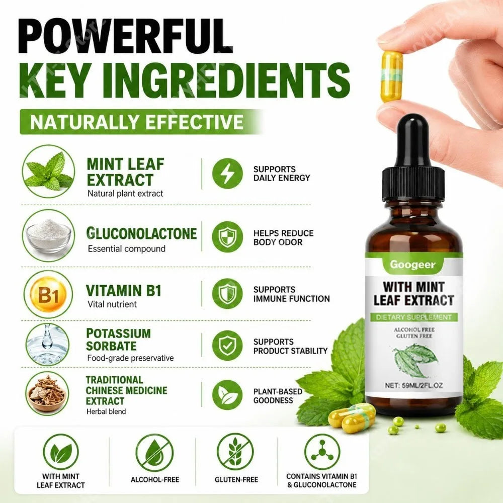 Googeer Mint Leaf Extract Drops + Vitamin B1 | 59 mL Herbal Extract Drops Qst
