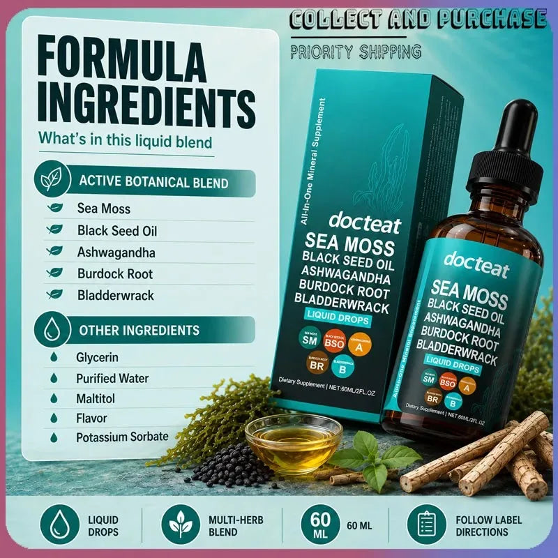Docteat Sea Moss Liquid Drops 60ml – Gut, Skin & Immune Support Sea Moss Supplement Qst