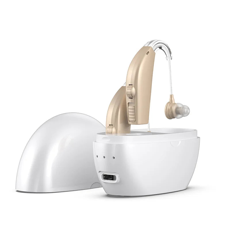 Rechargeable BTE Hearing Aid – Magnetic Charging Case Included BTE Hearing Aid Qst White-Beige