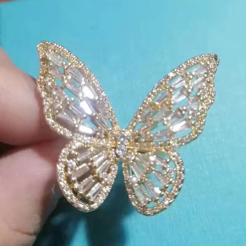Silver Zircon Butterfly Open Ring – Adjustable Women's Cocktail Ring Cocktail Ring Qme Gold white resizable