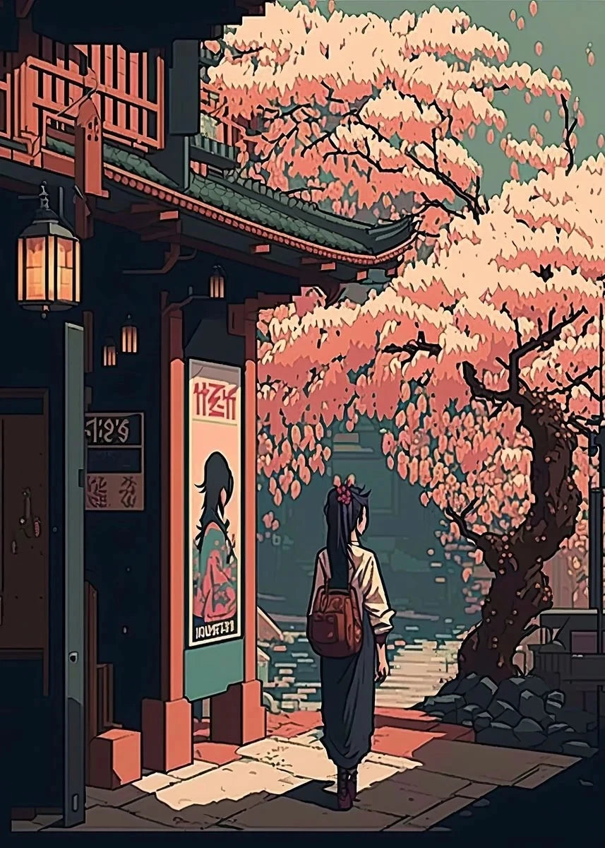 Japan Pixel Street Landscape Canvas Wall Art Print | Home Decor Canvas Wall Art Qst H 50X70cm No Framed