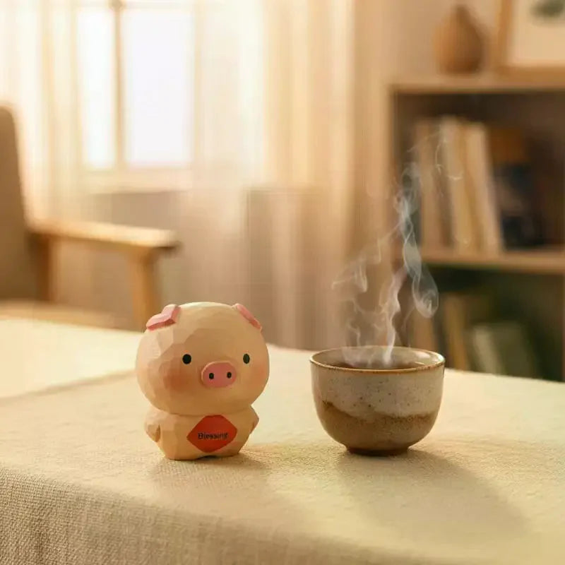Handmade Wooden Pig Figurine Fu Character Decorative Statue Decorative Figurine Qme