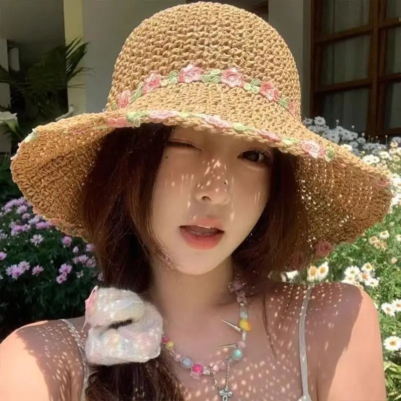 Women's Wide Brim Lace Straw Hat – Beach Sun Cap Straw Sun Hat Qst A7