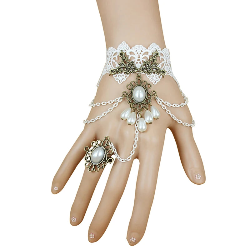 Women's Steampunk Fingerless Gloves – Victorian Lace Wrist Cuff Costume Wrist Gloves Qst GS049white