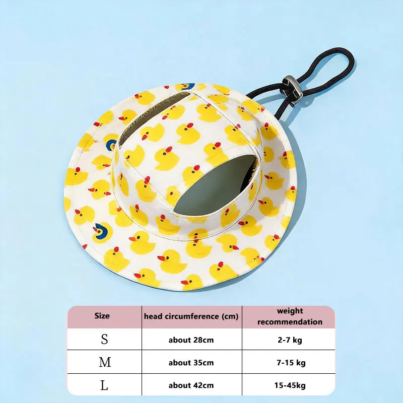 Adjustable Dog & Cat Sun Hat with Ear Holes – Cute Print Cap Pet Hat Qst Yellow Duck S